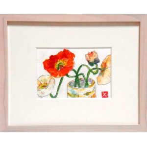 画像: ポピー（横絵）　ミニアチュール　　和紙葉書　　ペンに水彩