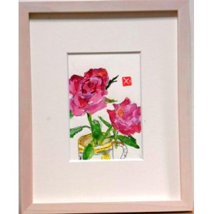 画像: ばら（縦絵）　　ミニアチュール　　葉書サイズ　　ペンに水彩
