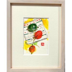 画像: 皿の烏瓜（縦絵）　　ミニアチュール　　葉書サイズ　　ペンに水彩