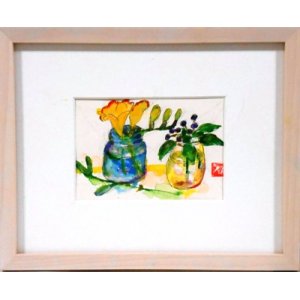 画像: フリージアと実と　　　ミニチュアール　　葉書サイズ　　ペンに水彩