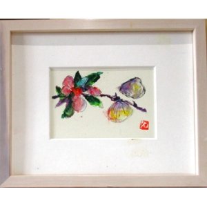 画像: ボケの花と貝二つ　　　ミニアチュール　　葉書サイズ　　　ペンに水彩