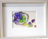 画像: 皿の葡萄　　　ミニアチュール　　　葉書サイズ　　ペンに水彩　