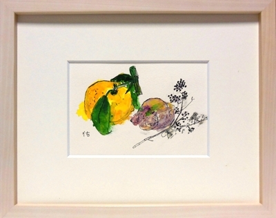 画像1: 柚と貝　　　ミニアチュール　　　葉書サイズ　　　ペンに水彩