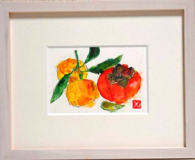 画像1: 柚と柿　　　ミニアチュール　　　葉書サイズ　　　ペンに水彩