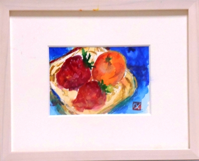 画像1: 苺とオレンジ　ミニアチュール　　葉書サイズ　　ペンに水彩