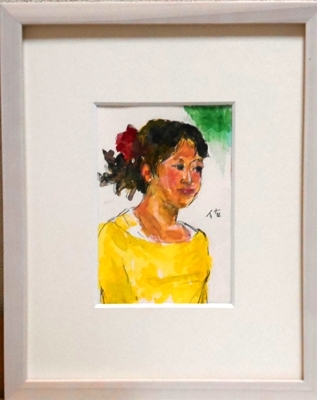 画像1: 黄色い服の少女　　ミニアチュール　　葉書サイズ　　ペンに水彩