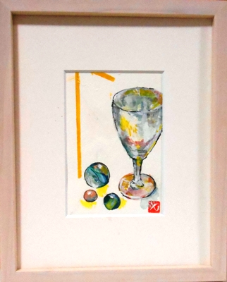 画像1: ワイングラスとビ―玉　ミニアチュール　　葉書サイズ　　ペンに水彩