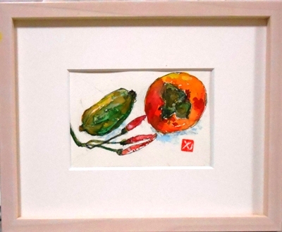 画像1: 柿と瓜　　ミニアチュール　　葉書サイズ　　ペンに水彩