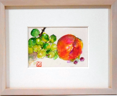 画像1: 桃と葡萄　　ミニアチュール　　葉書サイズ　　ペンに水彩