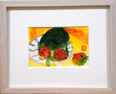 画像1: 皿の苺　ミニチュアール　　葉書サイズ　　ペンに水彩