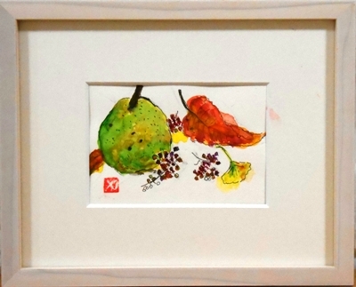 画像1: 洋梨と赤い葉っぱ　　ミニアチュール　　葉書サイズ　　ペンに水彩