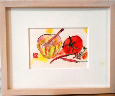 画像1: 小鉢と小トマト　　ミニアチュール　　葉書サイズ　　ペンに水彩