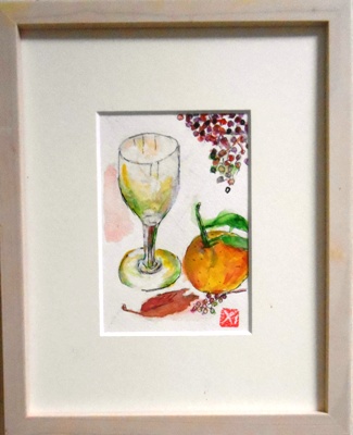画像2: ワイングラスとぽんかんと　　　ミニアチュール　葉書サイズ　　ペンに水彩