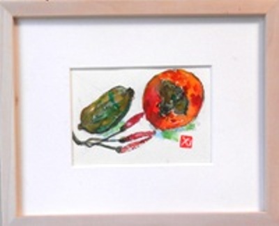 画像1: 瓜と柿　　ミニアチュール　　葉書サイズ　　ペンに水彩