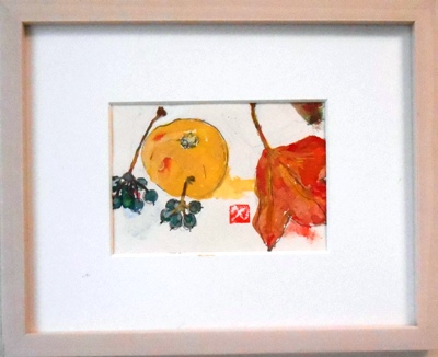 画像1: 木の葉と瓜　　ミニアチュール　　葉書サイズ　　　ペンに水彩
