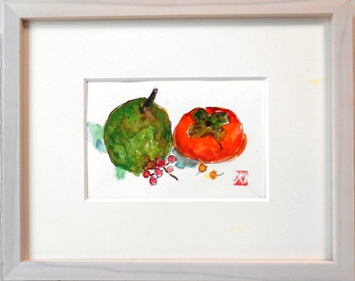 画像1: 柿と洋梨　　ミニアチュール　　葉書サイズ　　ペンに水彩