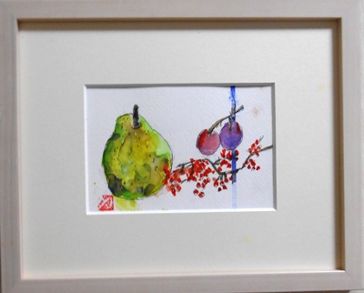 画像1: 洋梨と実　　ミニアチュール　葉書サイズ　　ペンに水彩