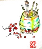 画像1: 楊枝入れと実　　　カット　　　ペンに水彩