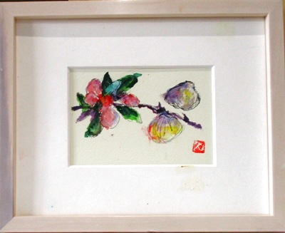 画像1: ボケの花と貝二つ　　　ミニアチュール　　葉書サイズ　　　ペンに水彩