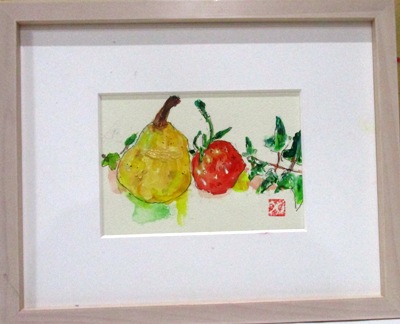 画像1: 洋梨と苺とアイビー　　　ミニチュアール　　　葉書サイズ　　ペンに水彩