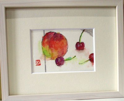 画像1: 桃とさくらんぼ　　　　ミニアチュール　　　葉書サイズ　　　ペンに水彩