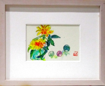 画像1: 花とビー玉　　　ミニアチュール　　　葉書サイズ　　　ペンに水彩